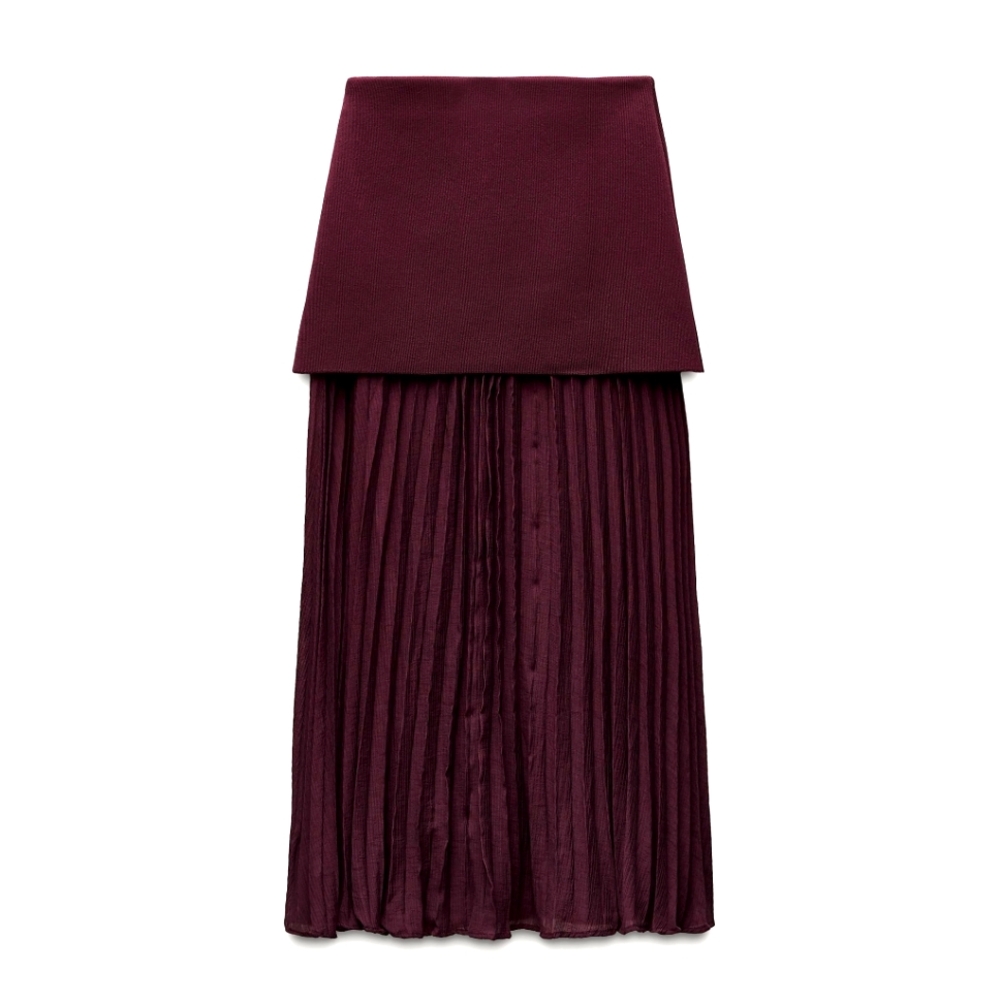 Zara Mixed Pleated Knit Skirt - Burgundy - Small